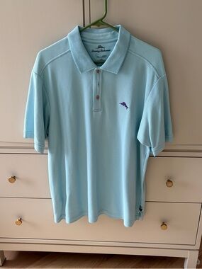 Tommy Bahama Men's Sky Blue Polo with Purple Dolphin Embroidery